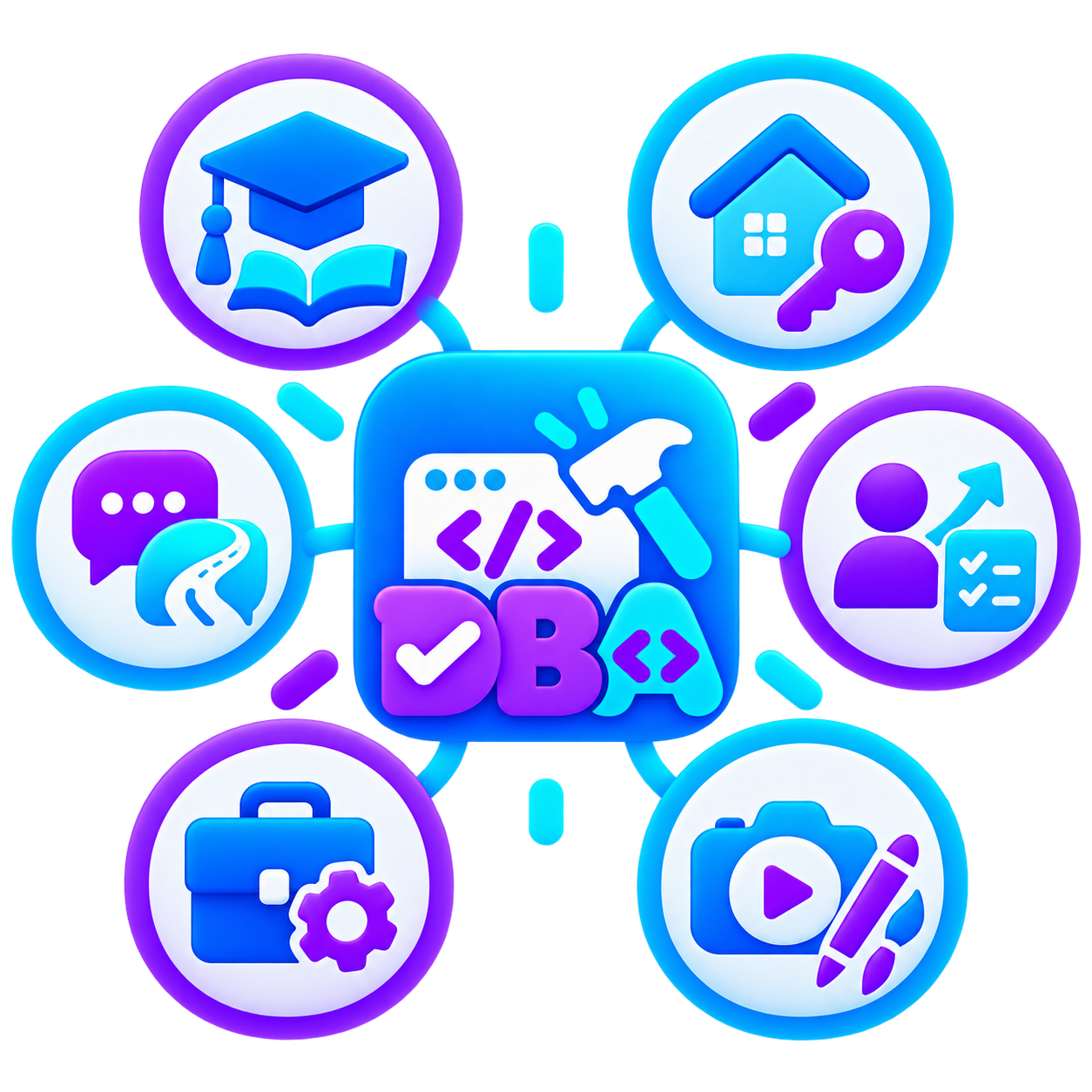 Illustration showing teaching, real estate, coaching, business, creative and mentoring work connected to app building