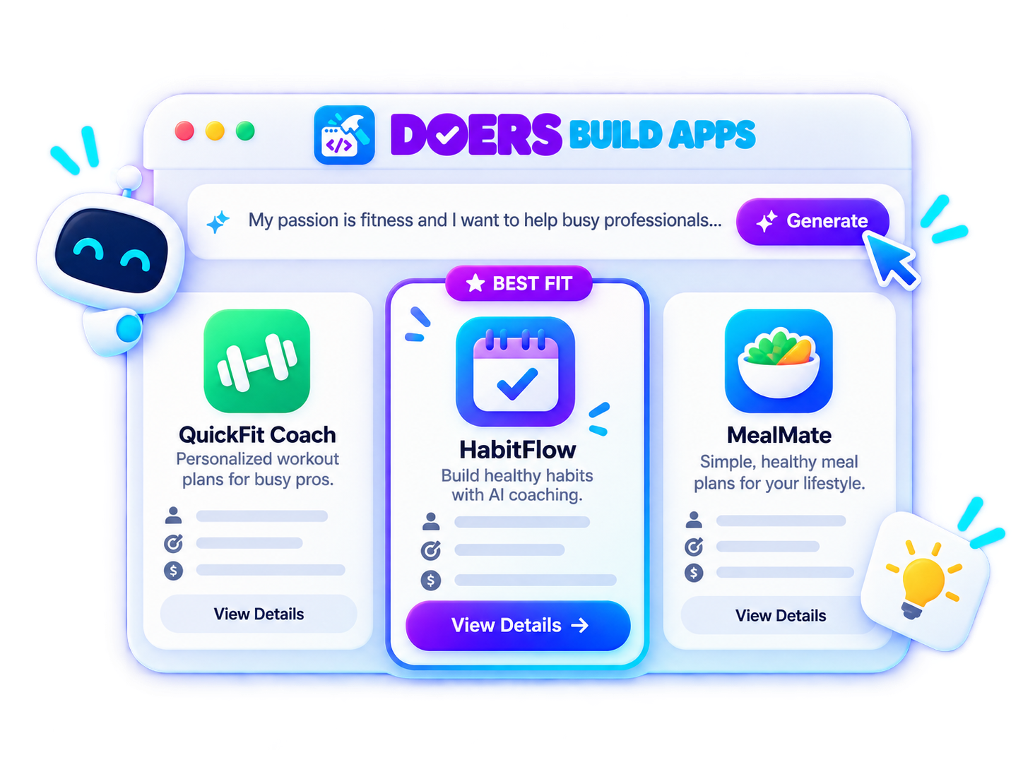 Illustration of an app idea generator showing three suggested app ideas with a best-fit recommendation