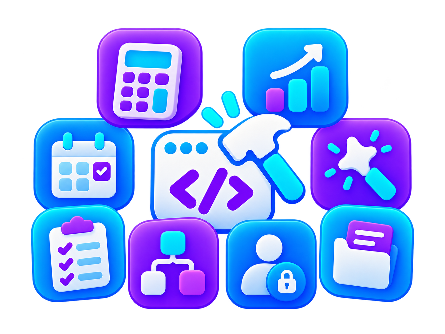 Illustration of digital tool types including calculators, planners, trackers, dashboards and client portals